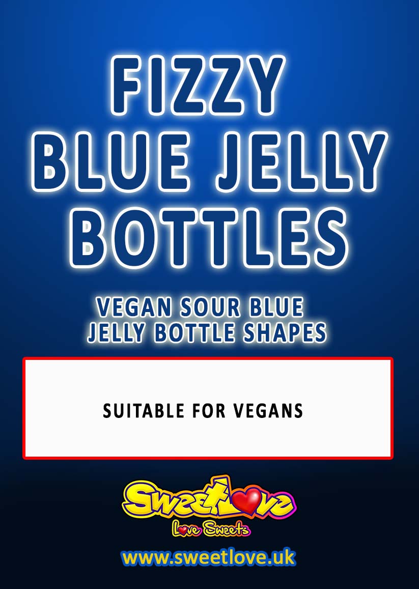 Vending label for VEGAN Fizzy Blue Bubblegum Bottles.
